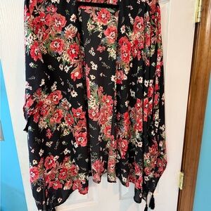Maurices Black Kimono Top with Coral and Cream Flowers